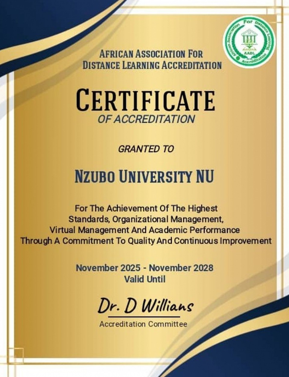 Accreditation Milestone: Nzubo Education  We are proud to announce that Nzubo Education has been accredited by the African Association for Distance Learning Accreditation (AADLA). This achievement marks a significant milestone in our commitment to delivering high-quality education.  Congratulations to our community! We're grateful for your support and look forward to continued excellence in distance learning.
